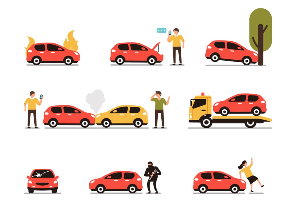 Type of car accident scenarios involving individuals. Illustration showcasing different insurance case types, designed in a flat and minimalistic style against a clean white background.