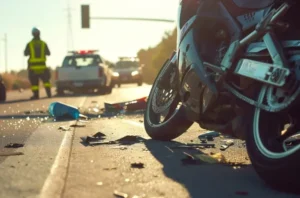 Una motocicleta se inclina hacia un lado en la carretera después de un accidente, hay vehículos de emergencia estacionados detrás de ella.