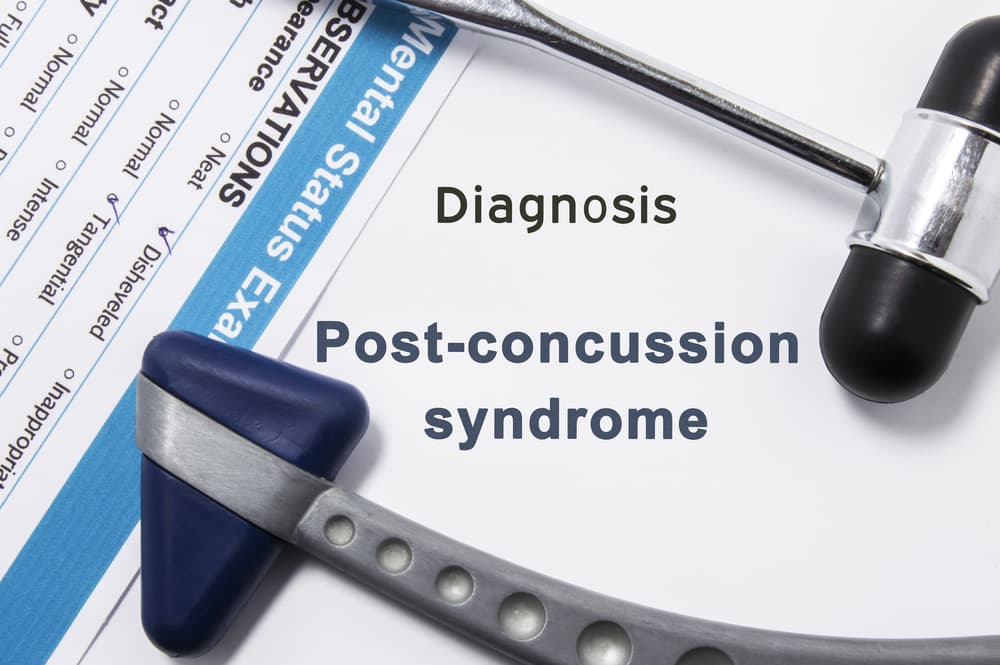 Post-Concussion Syndrome diagnosis with neurological hammers, mental status exam result, and name on white background.