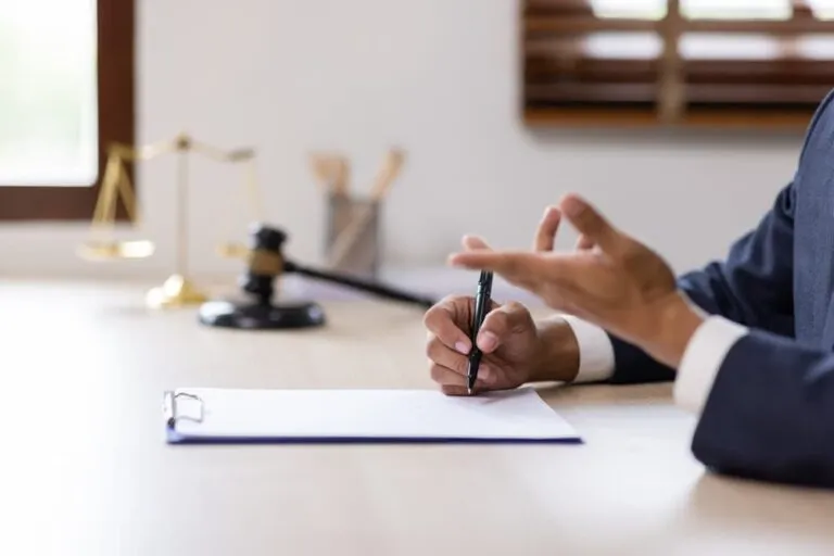 Male lawyer in suit works at desk with laptop, gavel, and statue of Justice in office setting.
