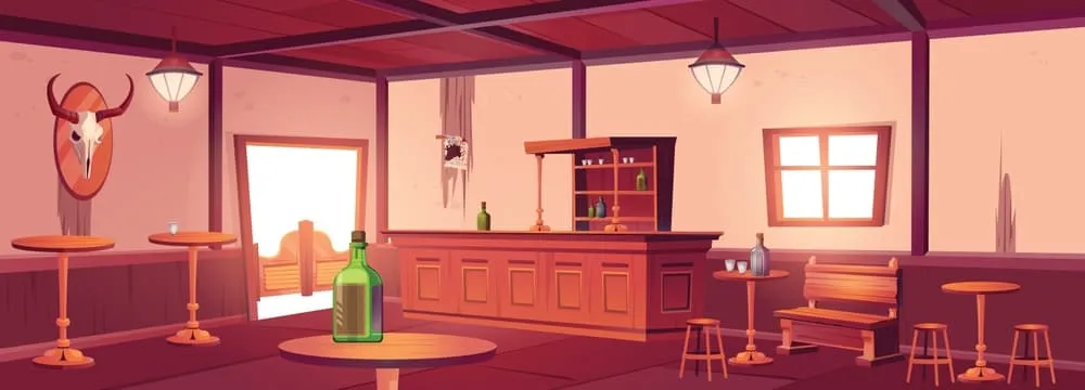 Illustration of a classic Western saloon interior, featuring rustic wooden walls and furniture. A cowboy bar scene is depicted, complete with a table adorned with a bottle.