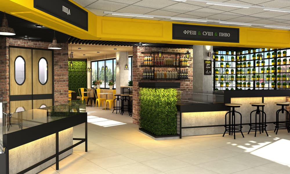 A 3D representation of a food store featuring a cafe and bar within, all designed with an industrial loft aesthetic.