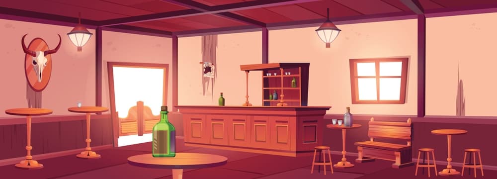 Illustration of a classic Western saloon interior, featuring rustic wooden walls and furniture. A cowboy bar scene is depicted, complete with a table adorned with a bottle. 