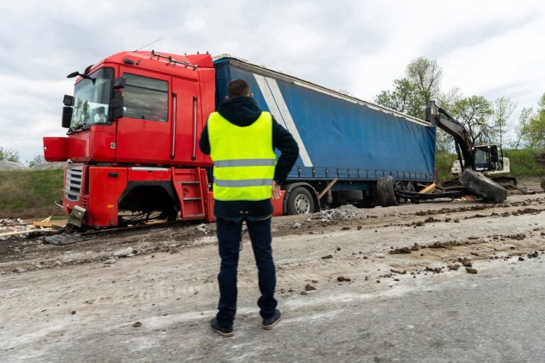 Truck accident on road, with a person in a yellow safety vest observing the scene.