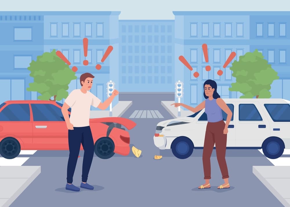 Design a flat color vector illustration depicting a quarrel resulting from a car collision. The illustration features an angry woman and man blaming each other, set against a background of downtown streets. 