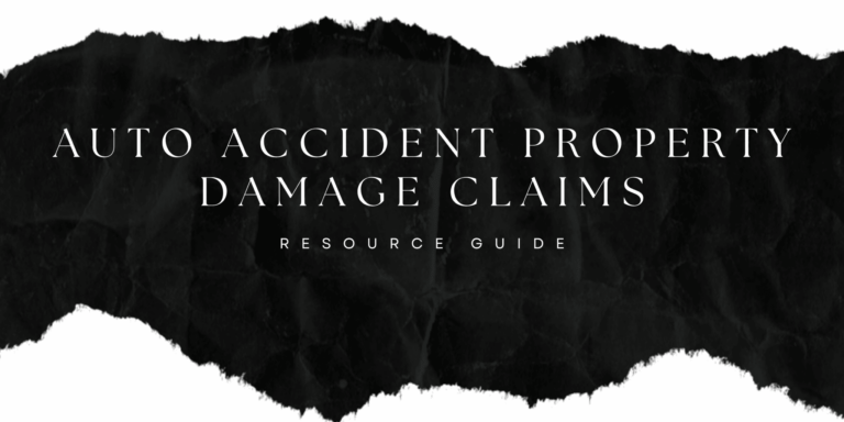 A banner that says "auto accident property damage claims resource guide" with white font and a black, stylistic background