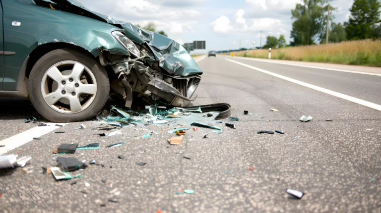 a green car on the side of the road with destroyed front fender, pieces of the car and glass on the road below