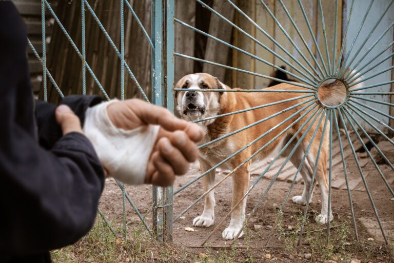 a man has a bandage around his hand, there's a dog in the background behind a fence, it appears the dog bit the man