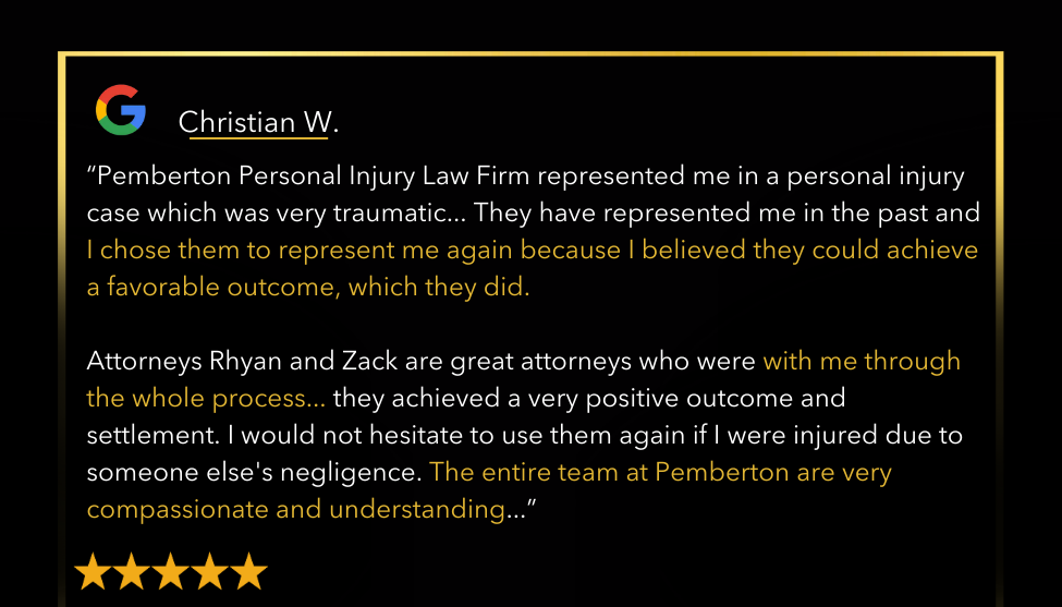 A personal injury client provides details about their positive experience in a 5-star review about Pemberton personal injury law firm