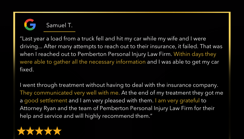 a former truck accident client of Pemberton offers a five star review of their experience as a personal injury client, claiming Pemberton helped them get a good settlement and were communicative