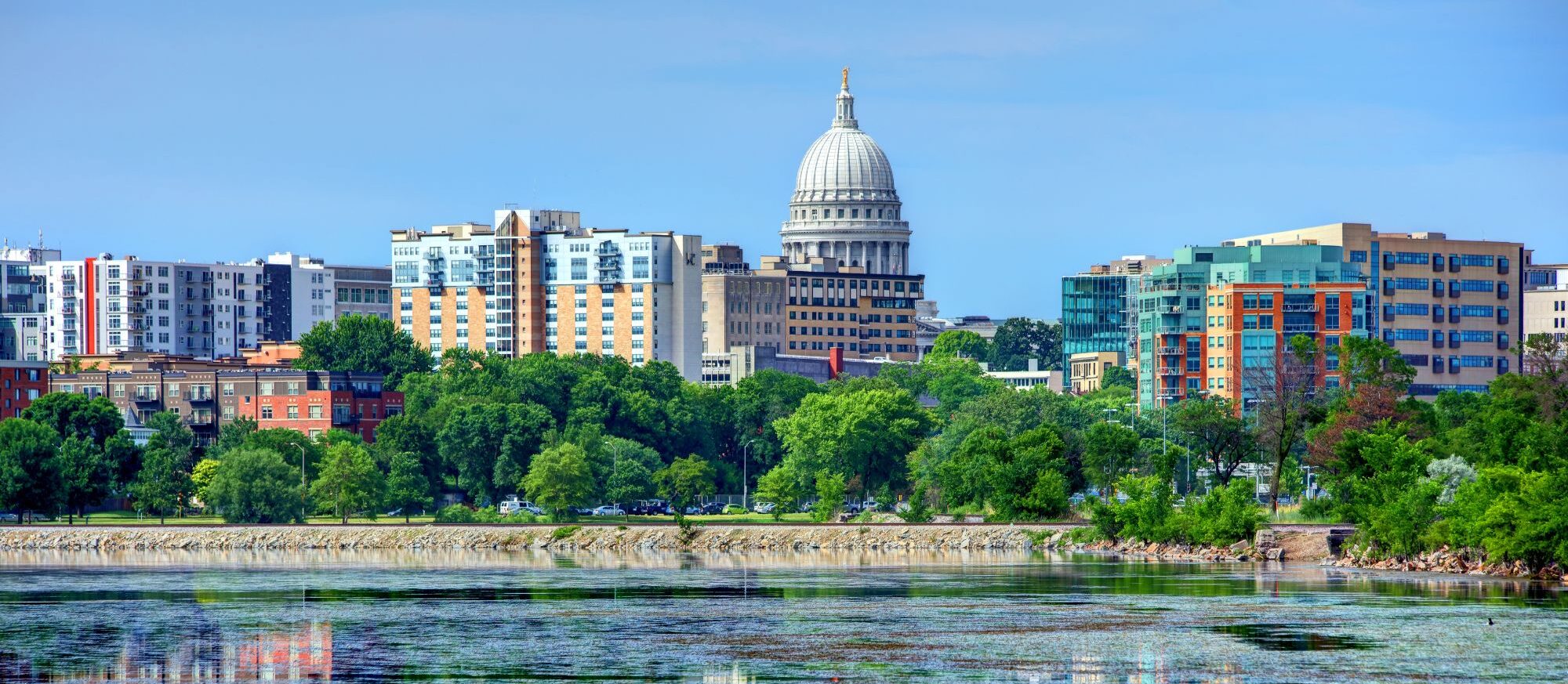 a skyline shot of the city of madison, wisconsin on a clear day with blue sky, the forefront has a body of water that reflects greenery and the city buildings