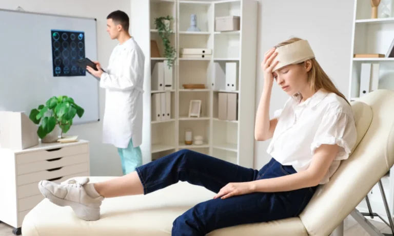 a woman holds her bandaged head in a doctor's office, the doctor looks at a brain scan result behind her