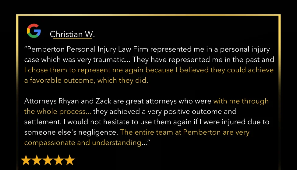 A personal injury client provides details about their positive experience in a 5-star review about Pemberton personal injury law firm