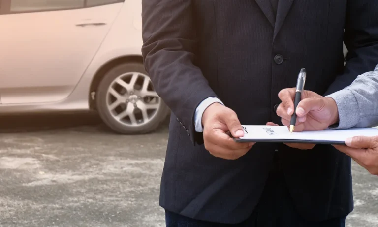 insurance adjuster wearing a black suit discusses findings with a car accident victim, a white car in the background behind them