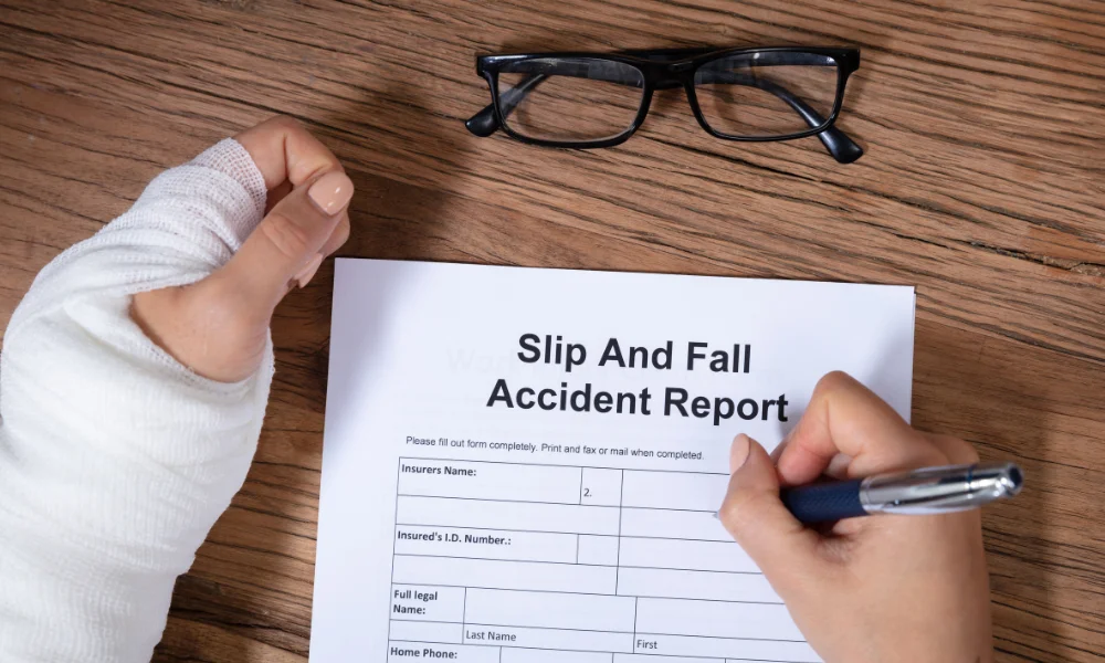 a top down view of a person with a cast on their left arm, filling out a form titled "slip and fall accident report"