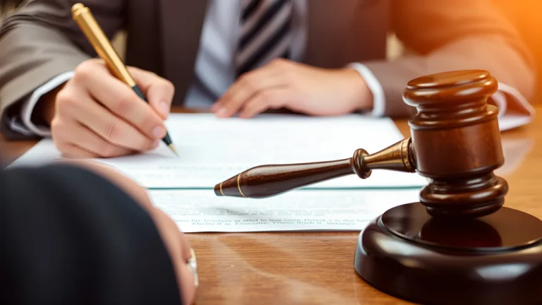 a personal injury lawyer in a gray suit goes over paperwork with a client at a desk, there is a gavel on the desk