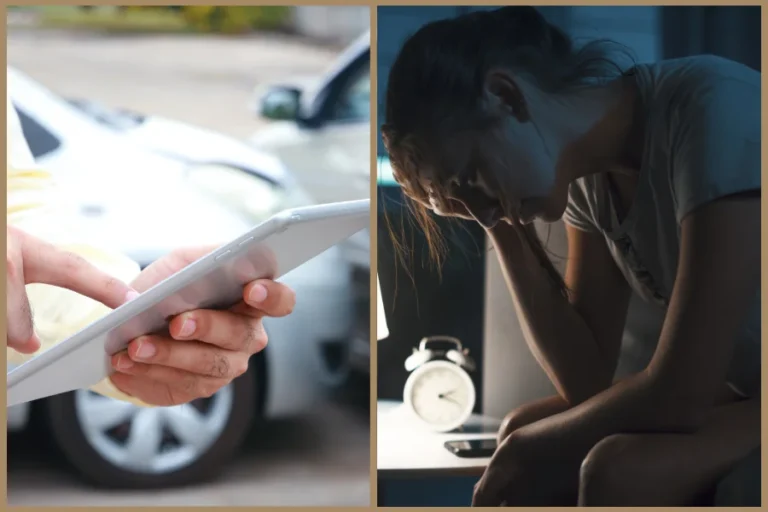 a split image with an car insurance adjuster using a tablet on the left and a woman suffering on the right