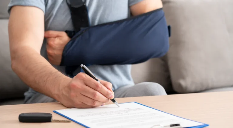 A car accident victim with their arm in a sling signs legal paperwork near a set of car keys