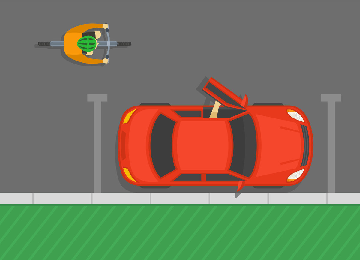 Safe driving tips and rules. Check before opening doors. Driver opening the vehicle's front door while bicyclist is approaches. Beware of the door zone. Top view. Flat vector illustration template.